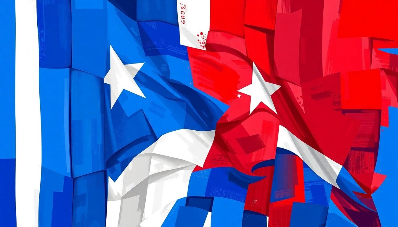 A vibrant, abstract painting of a Cuban flag rendered in overlapping, geometric brushstrokes of red, white, and blue, conveying a sense of motion and fragmentation to symbolize the political turmoil surrounding Cuba's future.