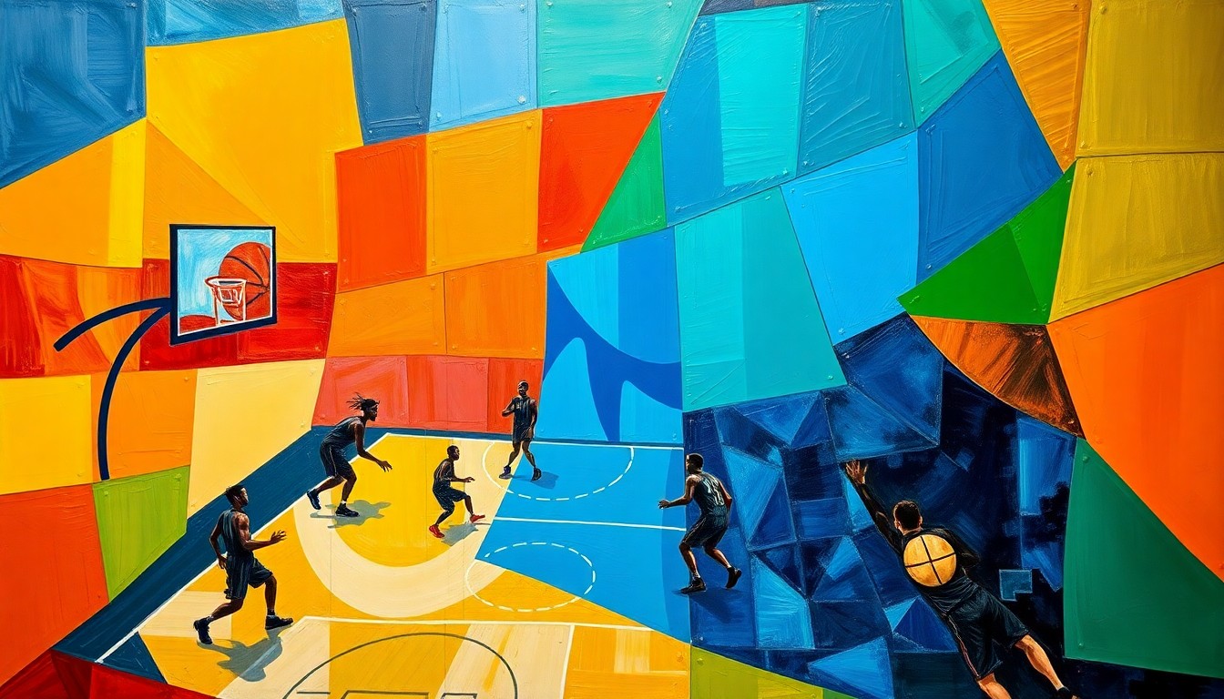 A fractured, cubist-style painting depicting a basketball game in progress, with the players and court broken down into sharp, overlapping geometric shapes and planes of vibrant colors, conveying the raw emotion and energy of the game.