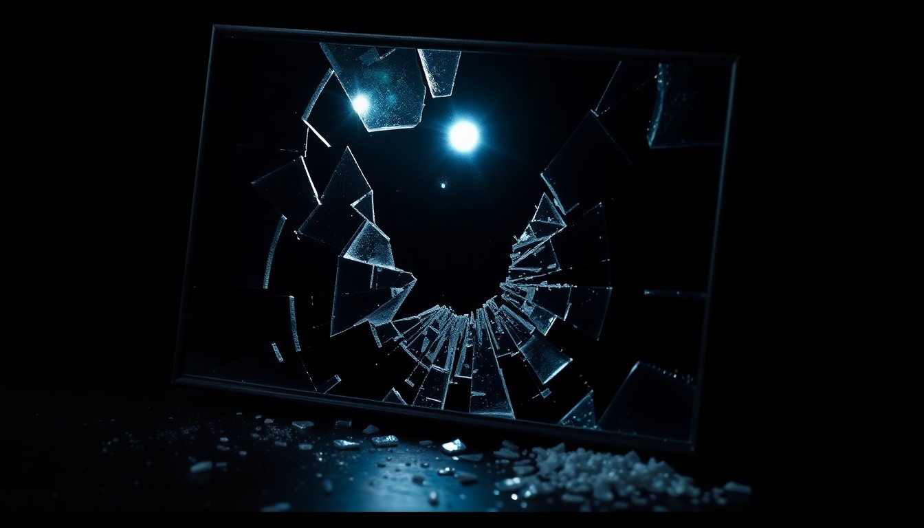 An extreme close-up photograph of a shattered mirror reflecting a single dramatic spotlight, capturing the fragmented emotional aftermath following a celebrity's death.