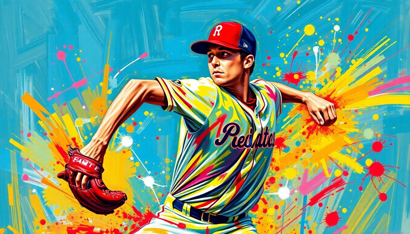 An abstract, energetic painting featuring bold brushstrokes of neon colors representing the dynamic motion of a baseball pitcher in mid-delivery, with the player's features obscured into a vibrant, expressive composition.