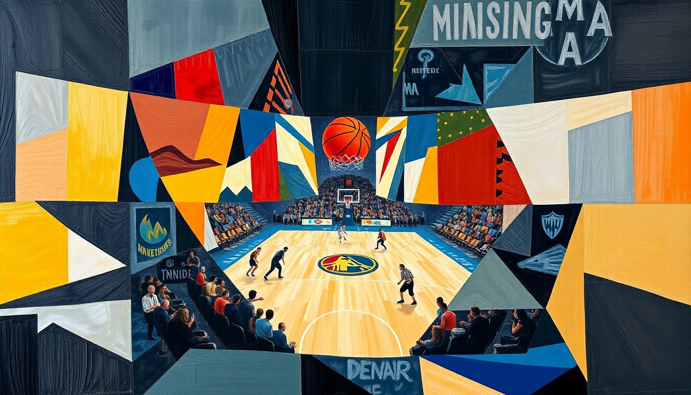 A fragmented, geometric painting depicting a basketball game, with sharp planes of color and overlapping shapes representing the competitive action on the court.