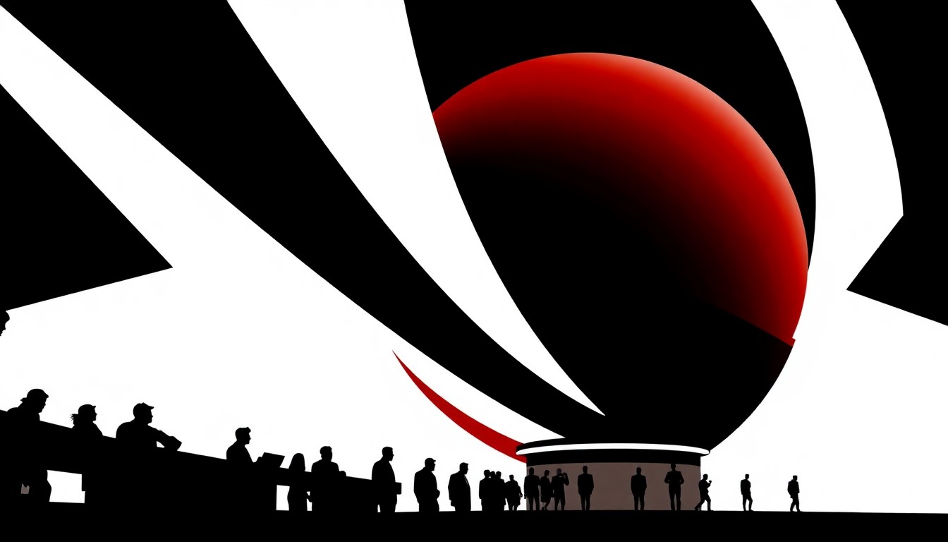 A minimalist, abstract illustration featuring stark black silhouettes of the spherical Sphere venue architecture against a high-contrast red and white background, conceptually representing the innovative and visually striking nature of these new entertainment destinations.