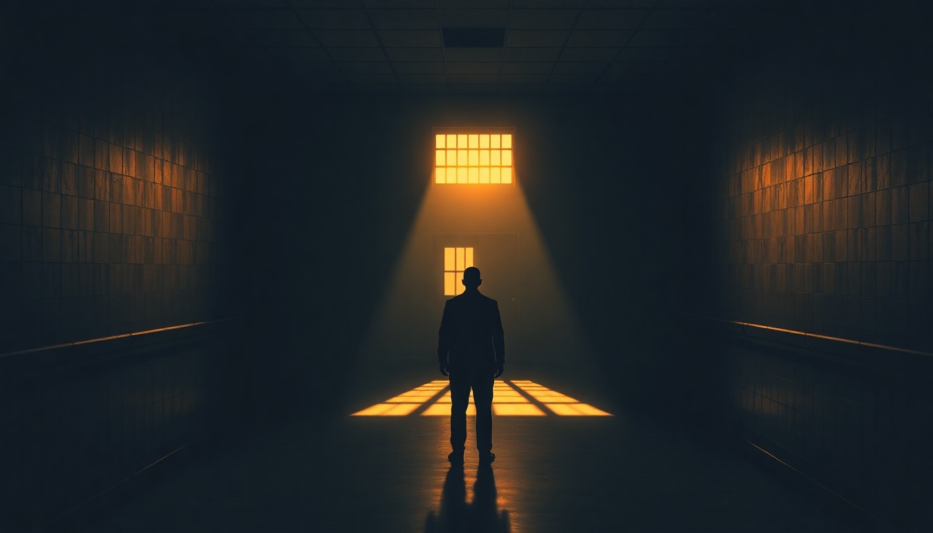 A cinematic, shadowy painting of a lone figure standing in a dimly lit hallway of a detention center, the scene bathed in warm, diagonal sunlight and deep shadows, conceptually illustrating the opacity and isolation of the immigration detention system.