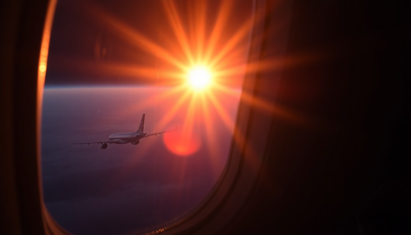 An extreme close-up photograph of an airplane window frame, the glass reflecting the harsh glare of a camera flash, conceptually representing the sudden disruption and investigation of an in-flight security incident.