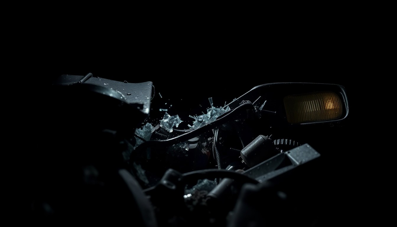 An extreme close-up photograph of twisted car debris, including shattered glass and mangled metal, dramatically lit by a harsh camera flash against a dark background, conceptually representing the devastation of a fatal head-on crash.