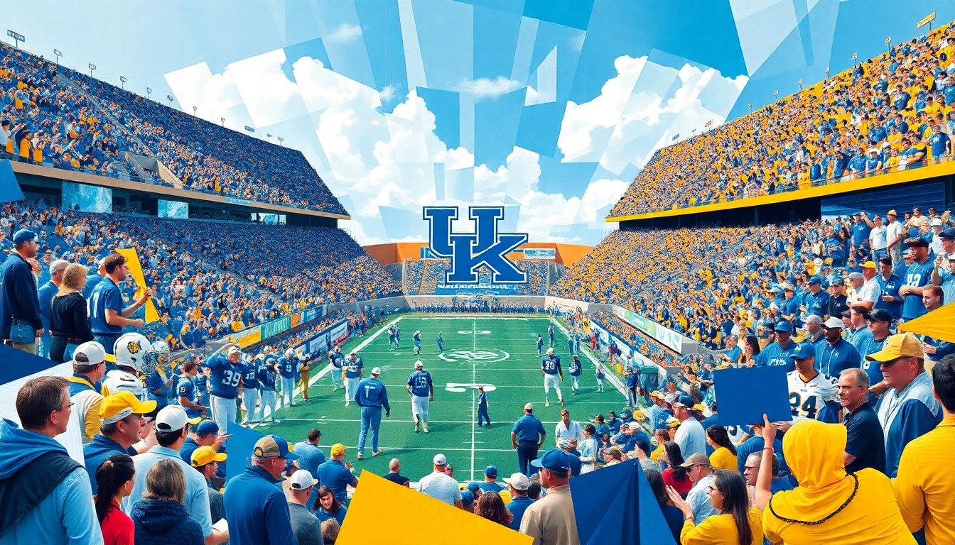 A fragmented, geometric painting depicting a Kentucky Football spring game, with players, coaches, and fans broken down into sharp, overlapping planes of blue, white, and gold. The abstract, cubist style conveys the dynamic energy and excitement of the event.