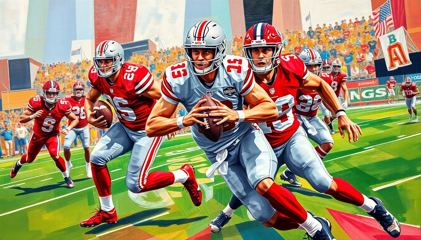 A cubist, geometric painting depicting a football quarterback in motion, with sharp, overlapping planes of scarlet and gray colors representing Ohio State's uniform colors.