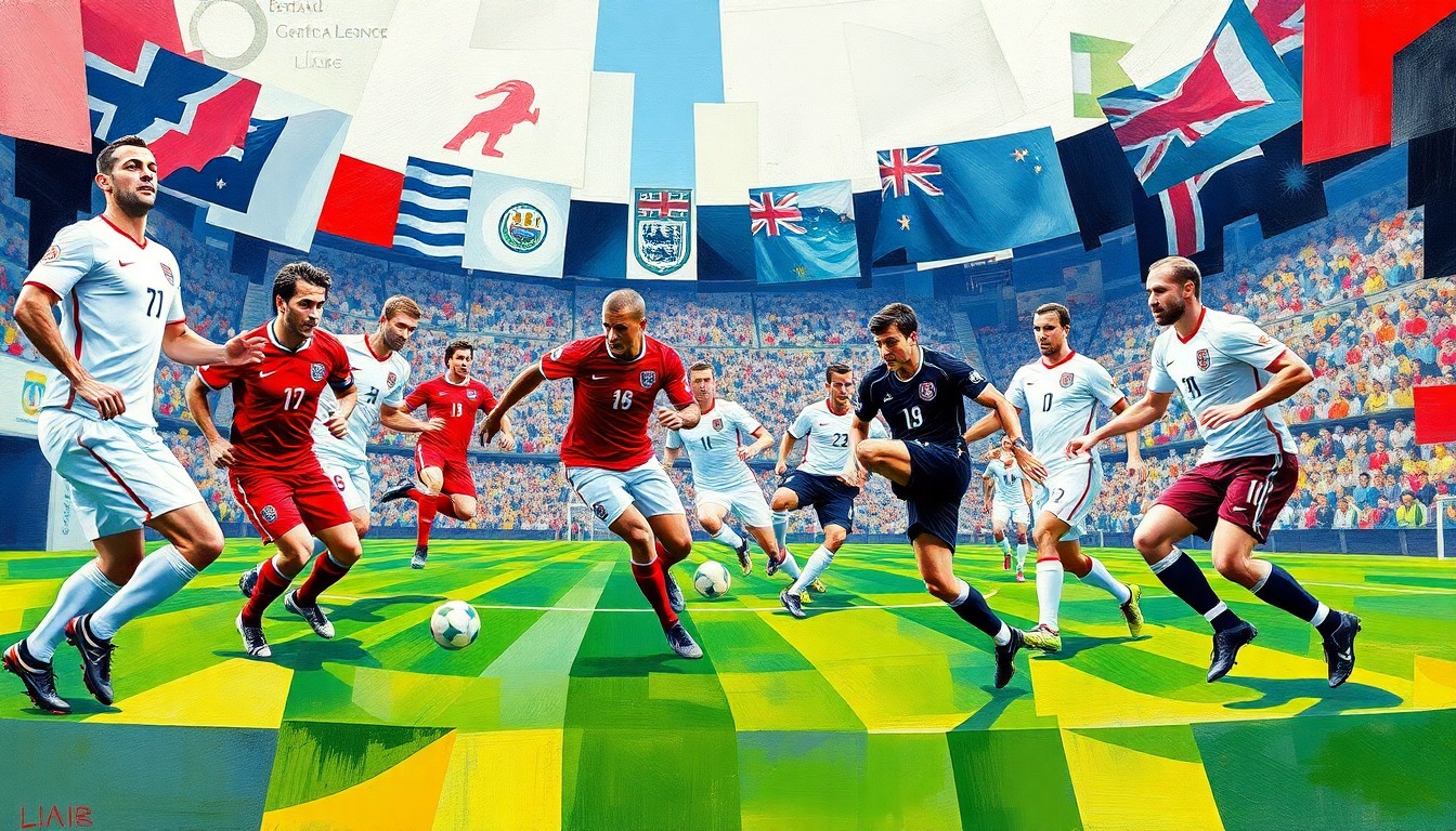 A fractured, multi-perspective painting in bold, overlapping geometric shapes and planes of red, white, and black, conceptually representing the energy and movement of a soccer match between the national teams of England and New Zealand.