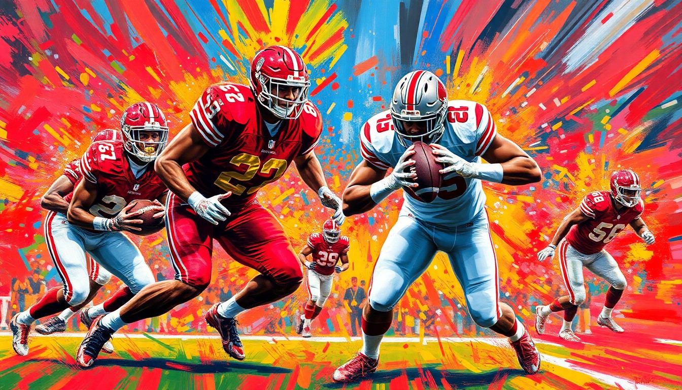 An abstract, energetic painting featuring bold brushstrokes in neon greens, oranges, and blues, capturing the dynamic movement and intensity of a college football defensive line in action.