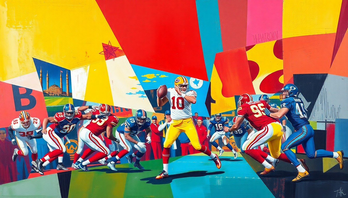 A cubist, geometric painting depicting a football quarterback in motion, with sharp, overlapping planes of color representing the dynamic action of the game.