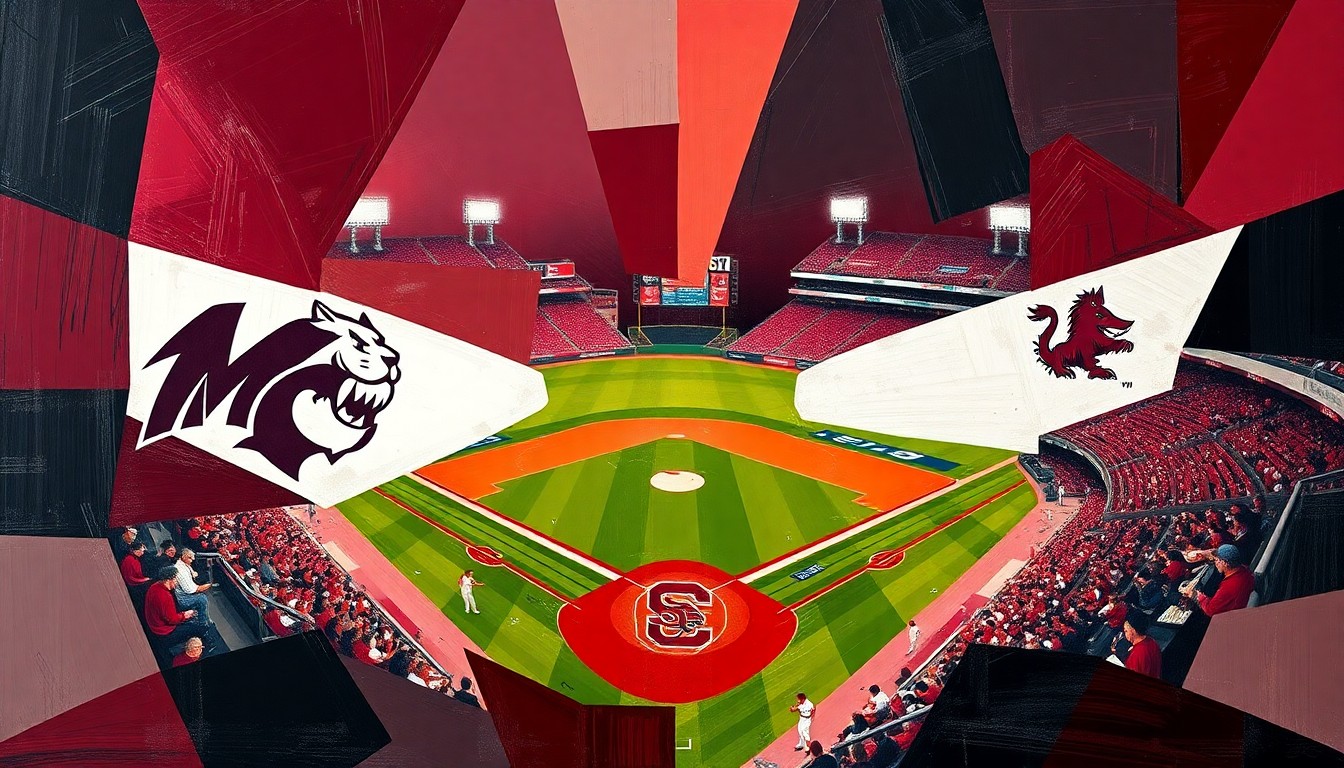 A fragmented, geometric painting depicting the dynamic motion and energy of a college baseball game, with the competing teams' colors of maroon, white, garnet, and black creating a vibrant, abstract composition.