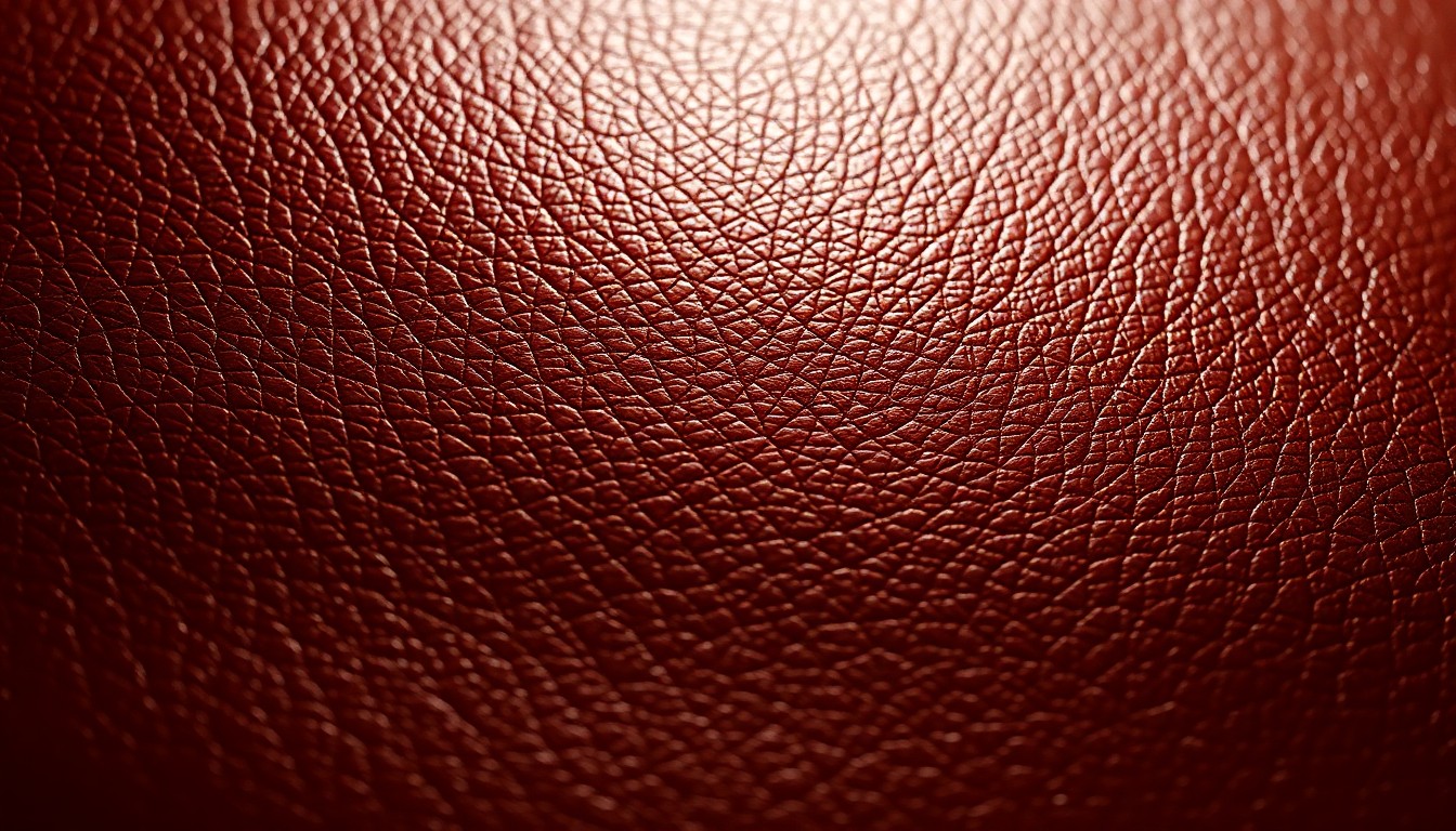 An extreme close-up of a rich, textured brown leather material, shot in dramatic high-contrast lighting to create a luxurious, high-fashion aesthetic.