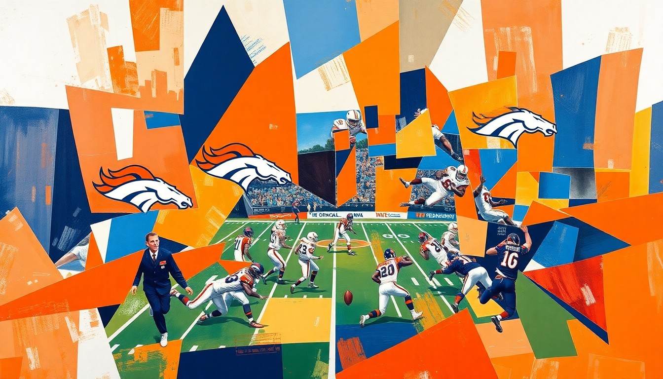 A cubist, geometric painting featuring overlapping planes of bright orange, navy blue, and white, representing the fragmented action and competing priorities of the Broncos' draft planning.