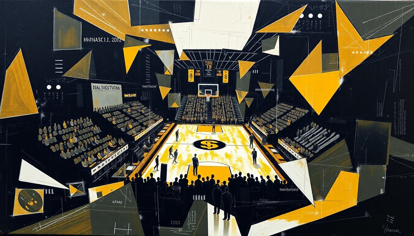 A fragmented, cubist-style painting depicting a basketball game broken down into overlapping geometric shapes and planes in black, gold, and white, conceptually representing the strategic planning and teamwork behind UMBC's men's basketball program.