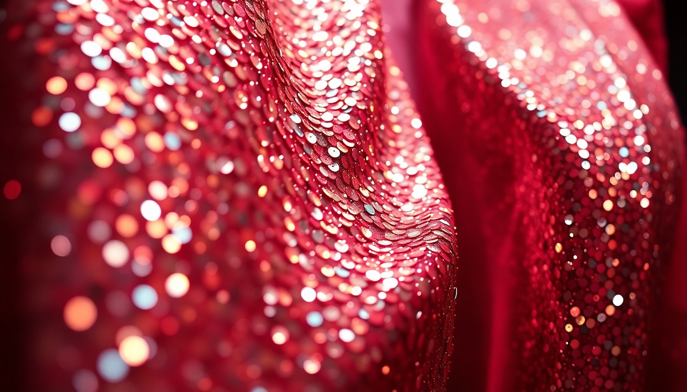An extreme close-up photograph featuring a dramatic, high-contrast composition of luxurious textured materials like sequins and velvet, conceptually representing the glamour and nostalgia of a beloved television series.