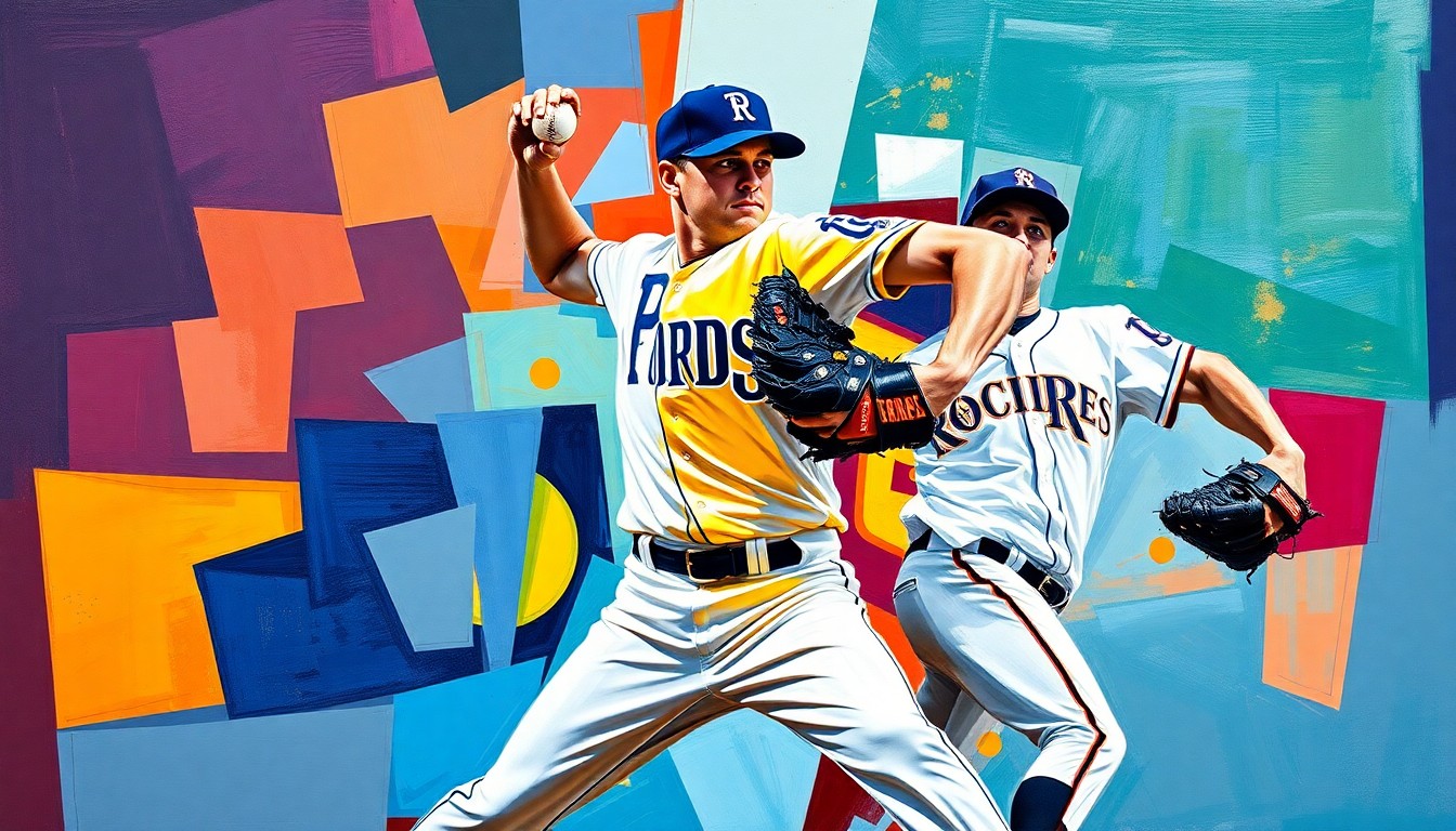 A cubist, geometric painting depicting the motion of a baseball pitcher's windup and delivery, with the players' uniforms in the Padres' and Rockies' colors, conceptually representing the versatility and skill of a multi-talented player.