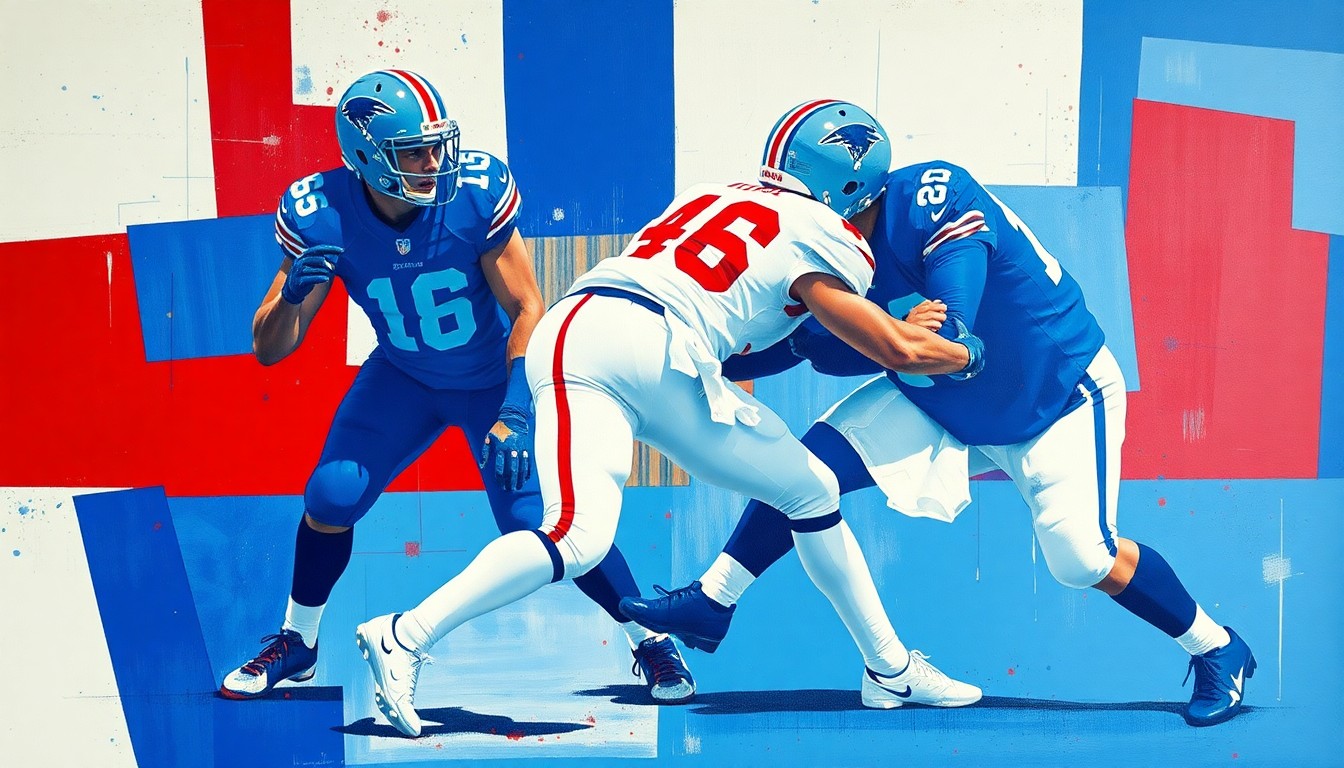 A cubist, geometric painting depicting the fragmented movements and positioning of a football player in a defensive stance, using sharp planes of blue, white, and red to capture the raw energy of the sport.