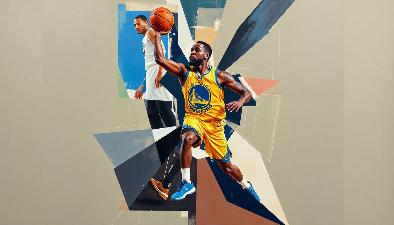 A cubist, geometric painting depicting Draymond Green's basketball movements and leadership role on the Warriors, with sharp, overlapping planes of color and form.