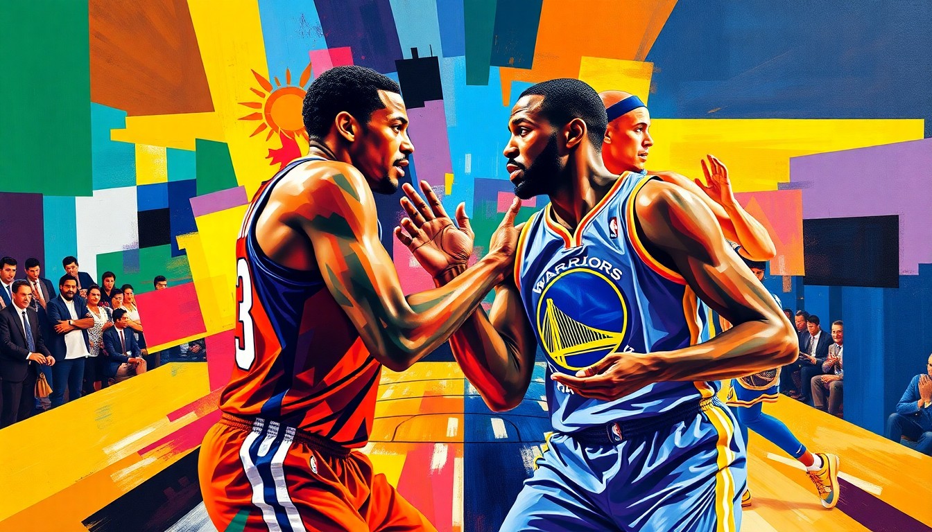 A fractured, multi-perspective painting depicting the heated exchange between Devin Booker and Draymond Green, with sharp, overlapping geometric planes in the vibrant colors of the Suns and Warriors uniforms, creating a sense of intensity and competition.