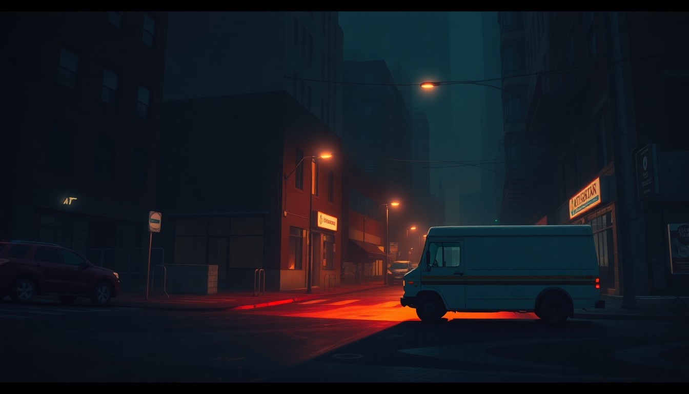 A photorealistic painting of a solitary ICE vehicle parked on a shadowy urban street, with warm sunlight casting dramatic diagonal shadows across the scene, conveying a sense of quiet unease and tension.