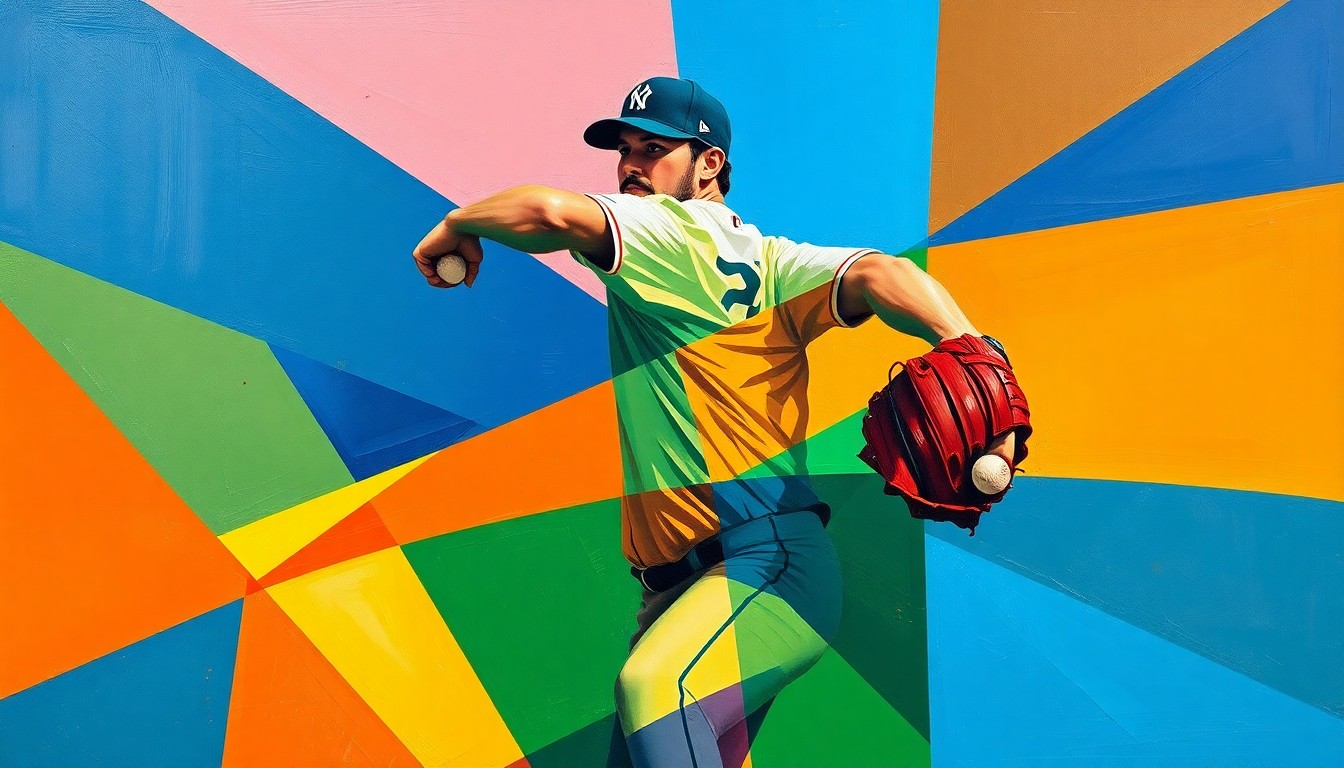 A cubist, geometric painting depicting the fractured motion of a baseball pitcher's delivery, with sharp planes of color representing the explosive energy and movement of the sport.