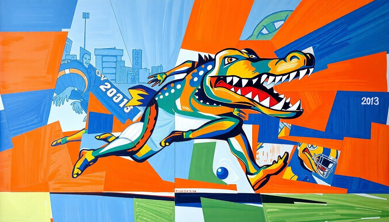 A fractured, cubist-style painting depicting a Florida Gators running back in motion, broken down into sharp, overlapping geometric planes of orange and blue, capturing the explosive energy and movement of the player.