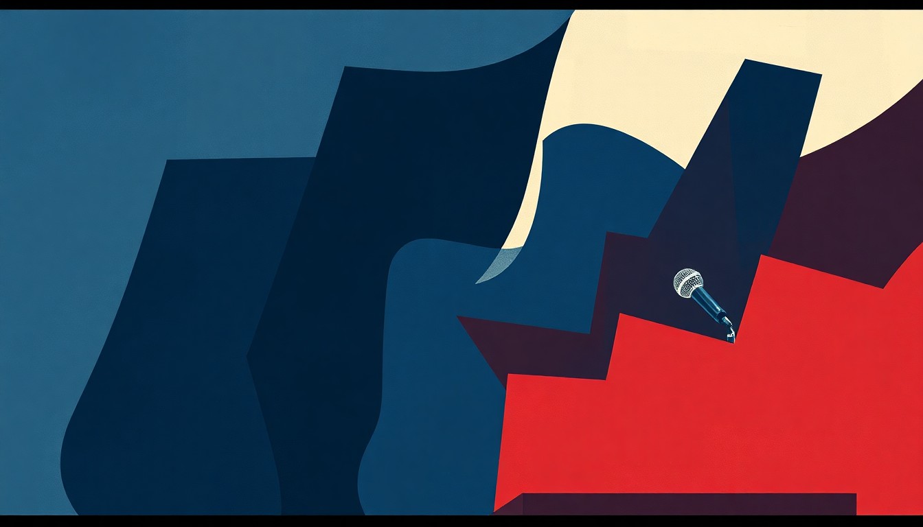 A highly textured, fragmented painting in shades of blue and red depicting a microphone and podium, conceptually representing the erosion of trust in official government statements.
