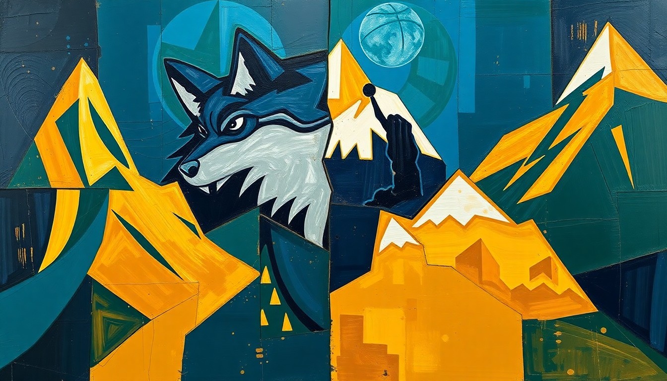 A fragmented, geometric painting depicting a basketball game or match between two teams, with sharp planes of navy blue, forest green, and gold colors creating a dynamic, abstract composition.