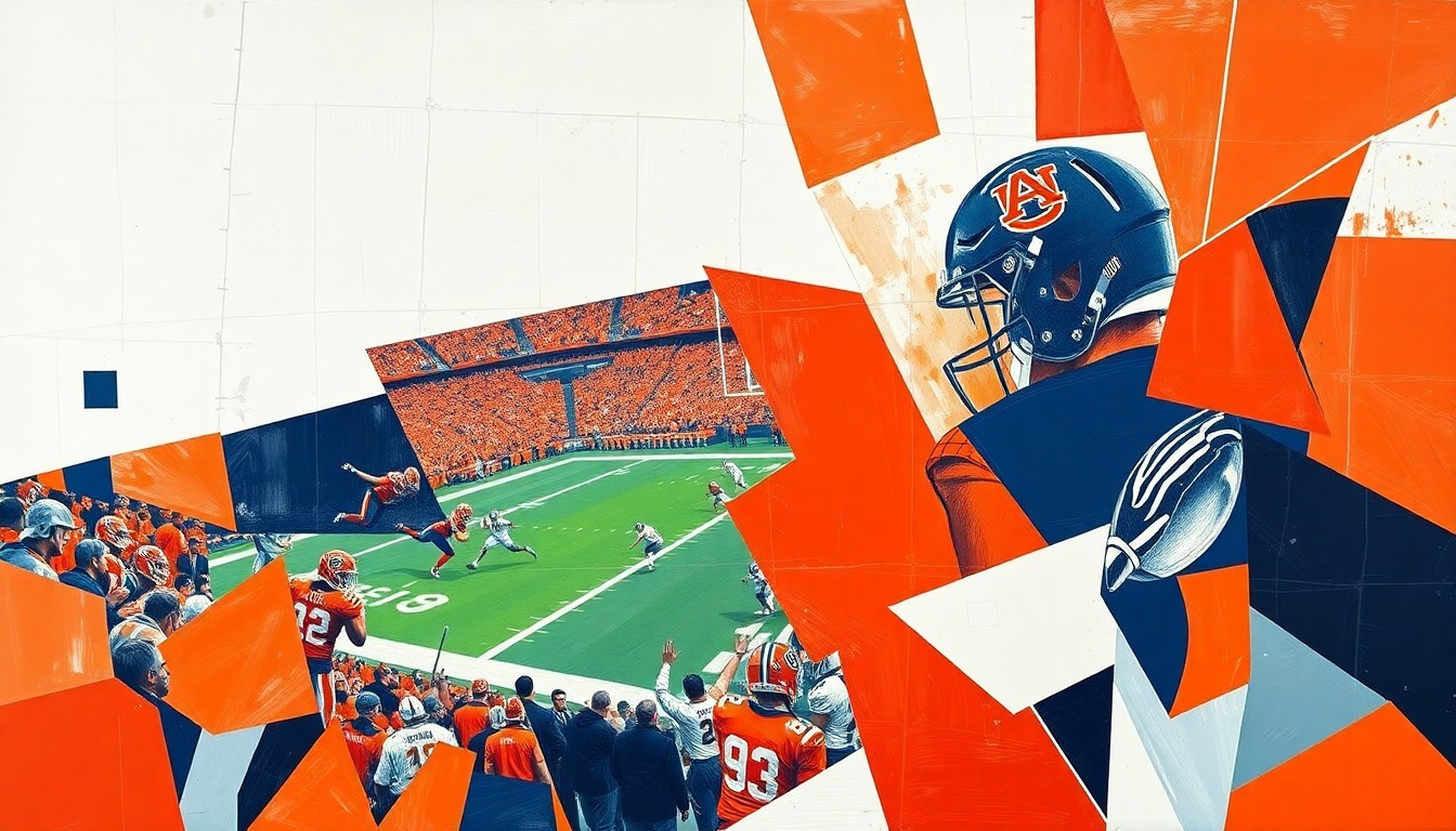 A fractured, multi-perspective painting in vibrant shades of orange, blue, and white, capturing the energy and movement of a football game through sharp, overlapping geometric shapes and planes.