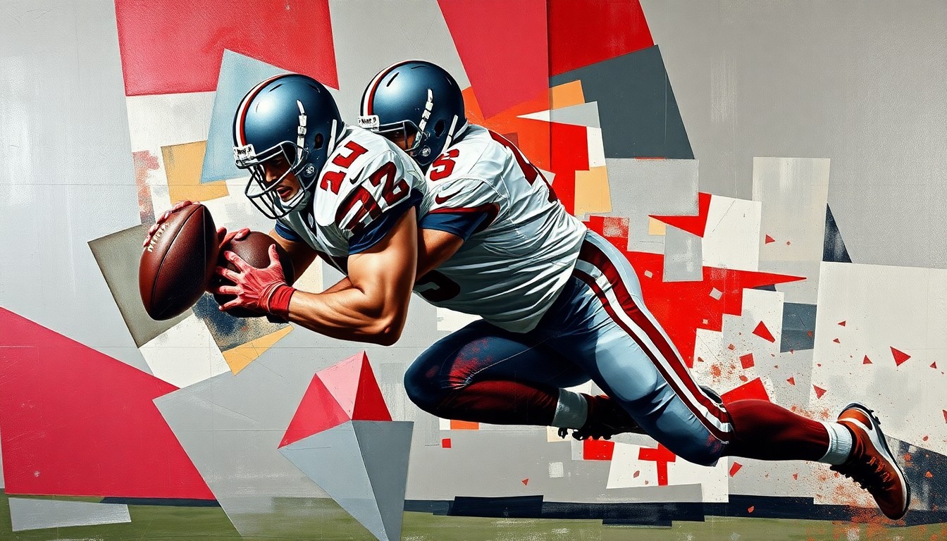A fractured, cubist-style painting depicting the explosive movements and physical dominance of a defensive tackle, with sharp geometric shapes and planes in shades of pewter, red, and pewter conveying the raw power of the position.