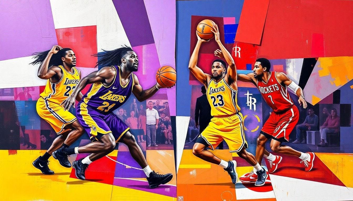 A fractured, multi-perspective painting depicting a basketball game between the Lakers and Rockets, with the players' forms broken down into sharp, overlapping geometric shapes in vibrant colors.