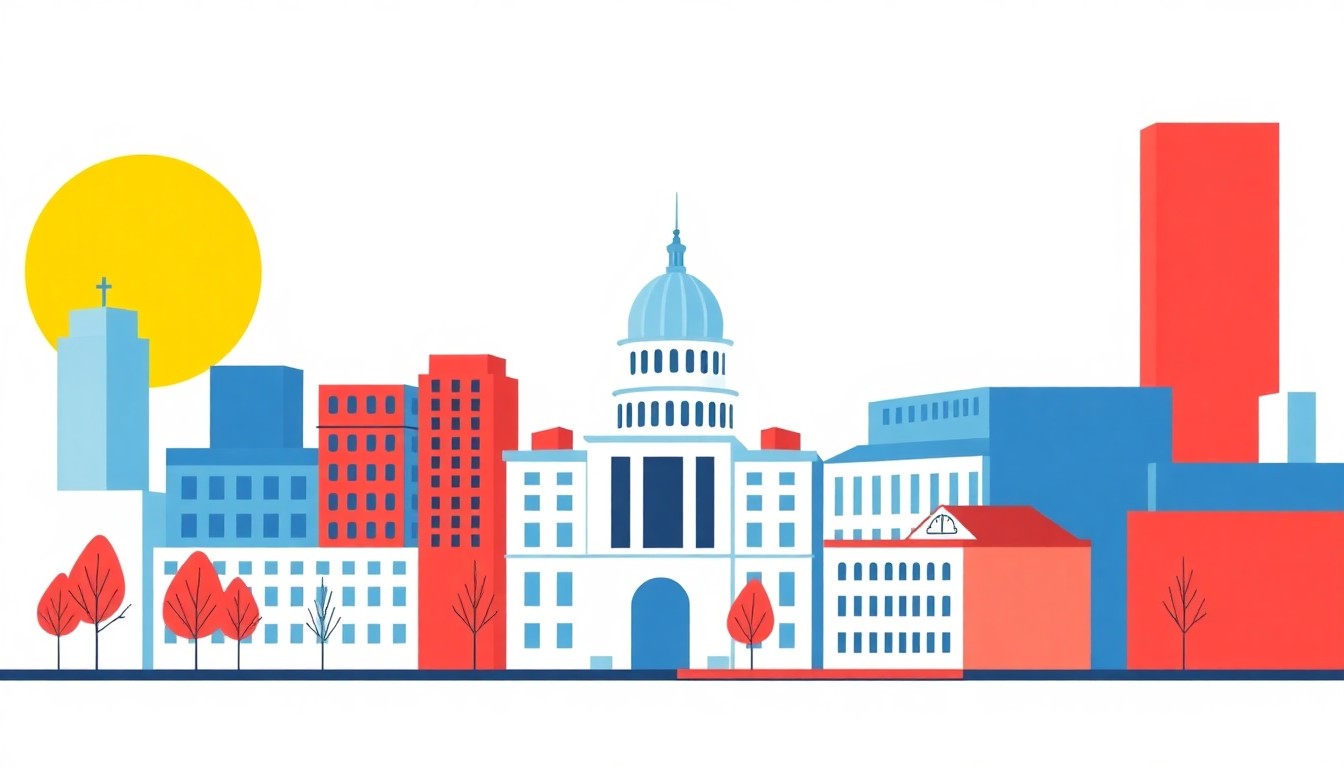 An abstract illustration featuring bold, overlapping shapes in shades of blue, yellow, and red, conveying the concept of a city government seeking financial stability through a loan.