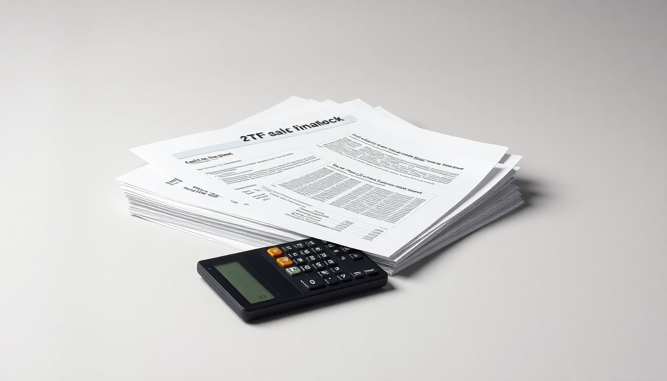 A photorealistic studio still life featuring a stack of official-looking financial documents and a calculator on a clean, monochromatic background, conceptually representing the abstract corporate strategy and financial implications of the school district's TIF agreement clawback.