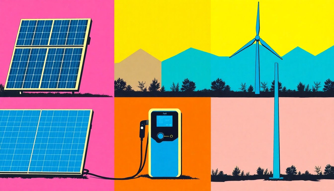 A brightly colored, high-contrast silkscreen print featuring repeating images of solar panels, electric vehicle charging stations, and wind turbines in a grid pattern, conceptually representing the sustainable energy focus of the Roseburg Energy Fair.
