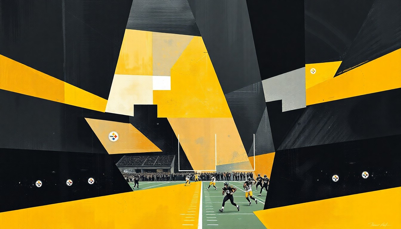 A fragmented, geometric painting depicting various Steelers football players and plays, rendered in a cubist style with sharp, overlapping planes of black, gold, and grey.