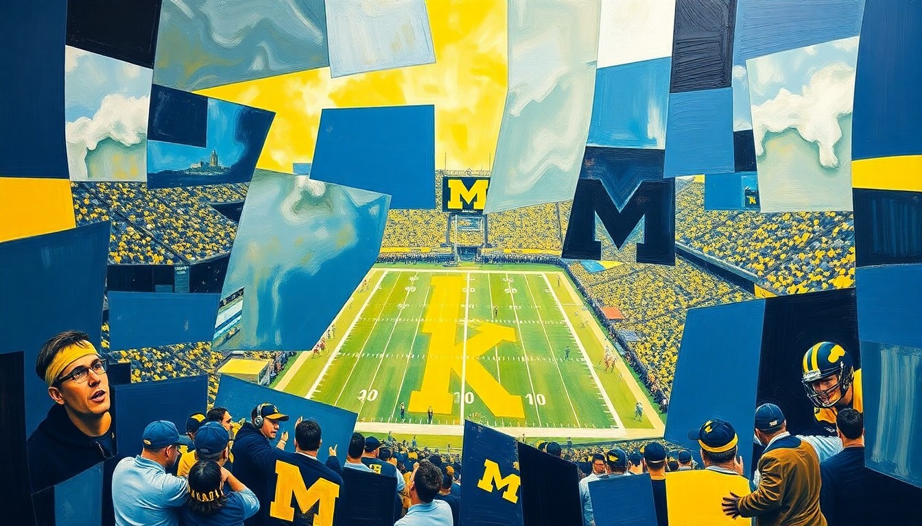 A cubist, geometric painting featuring overlapping planes of maize and blue, representing the energy and excitement of a Michigan football game.