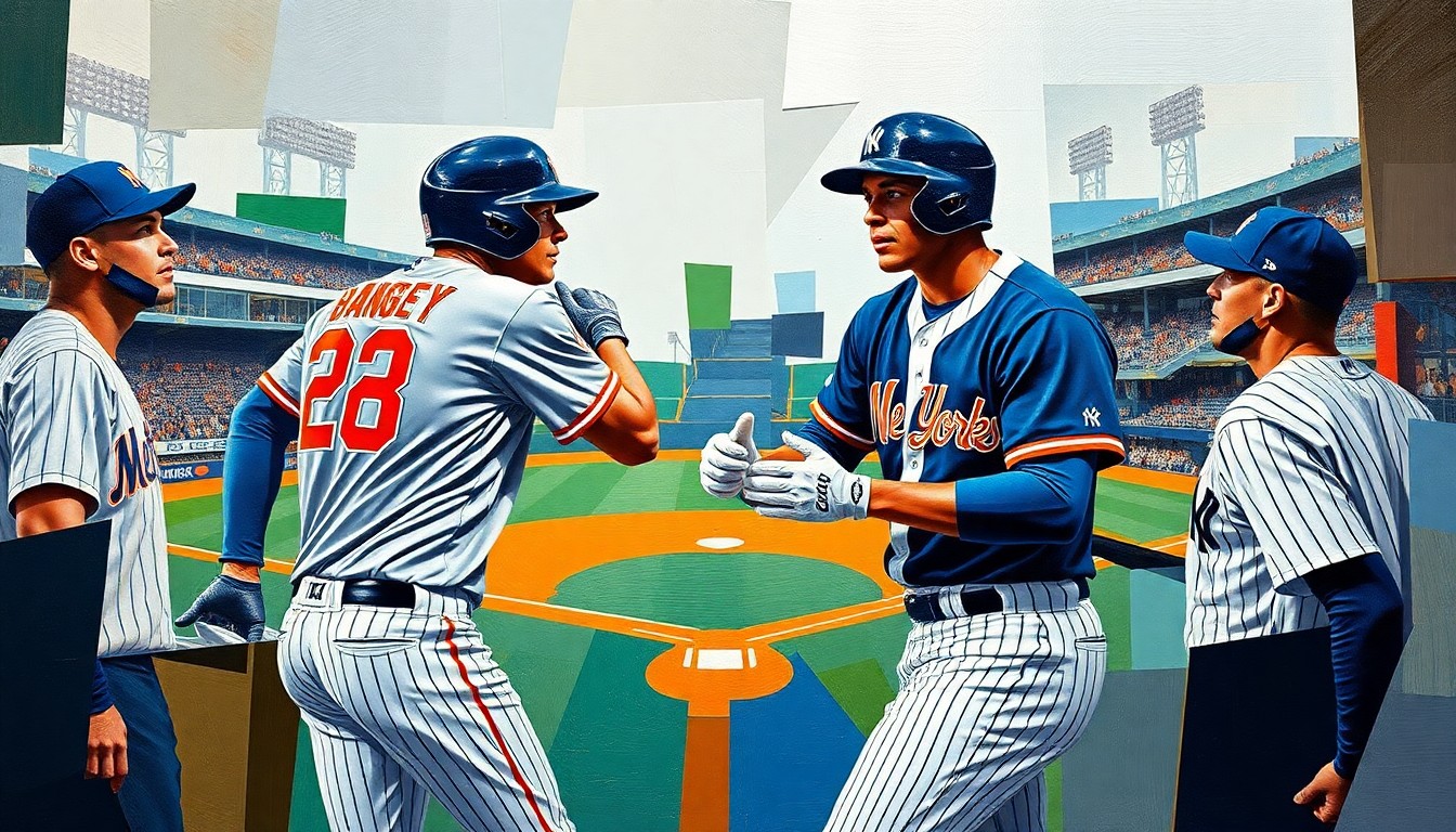 A cubist-style painting featuring sharp, overlapping geometric planes in the colors of the New York Mets and Yankees, depicting a baseball game or match between the two teams, with the players' uniforms and equipment recognizable but their faces and identities obscured.
