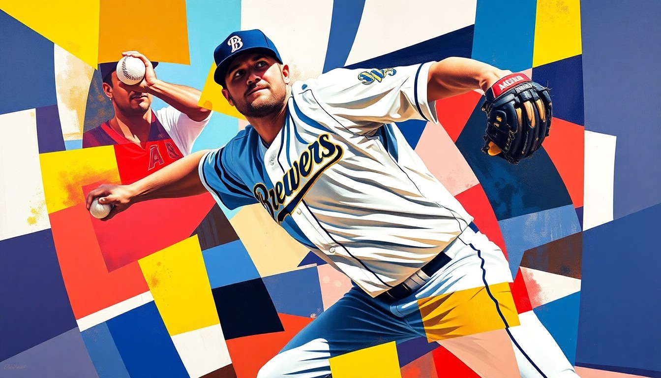A fragmented, geometric painting depicting a baseball pitcher's throwing motion, with sharp planes of color representing the Brewers and Diamondbacks uniforms.