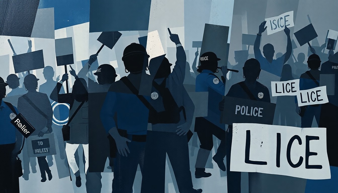 A dynamic, abstract painting in shades of blue, grey, and black featuring overlapping, fragmented shapes and silhouettes representing police officers, protesters, and immigration agents, conveying the chaotic and contentious nature of the debate over the role of local law enforcement in federal immigration enforcement.