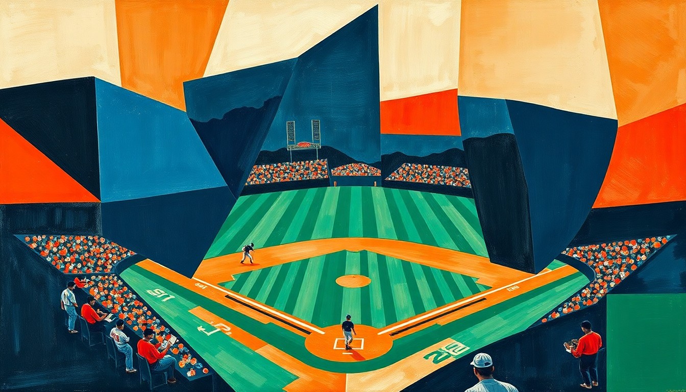 A cubist-style painting featuring sharp, overlapping geometric shapes in navy, green, and orange, abstracting a baseball game into its essential visual elements.