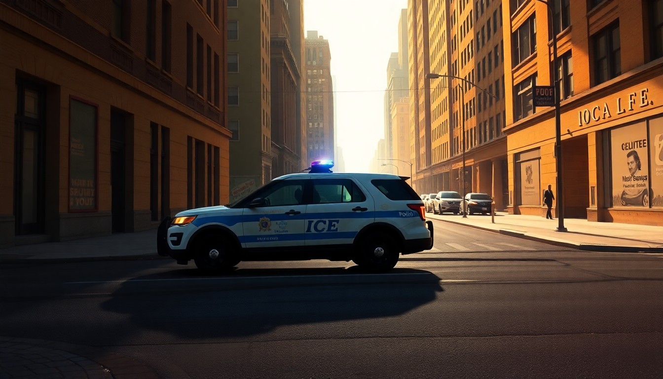 A photorealistic painting of a lone ICE vehicle parked on a deserted city street, the warm light and deep shadows creating a sense of solitude and unease.
