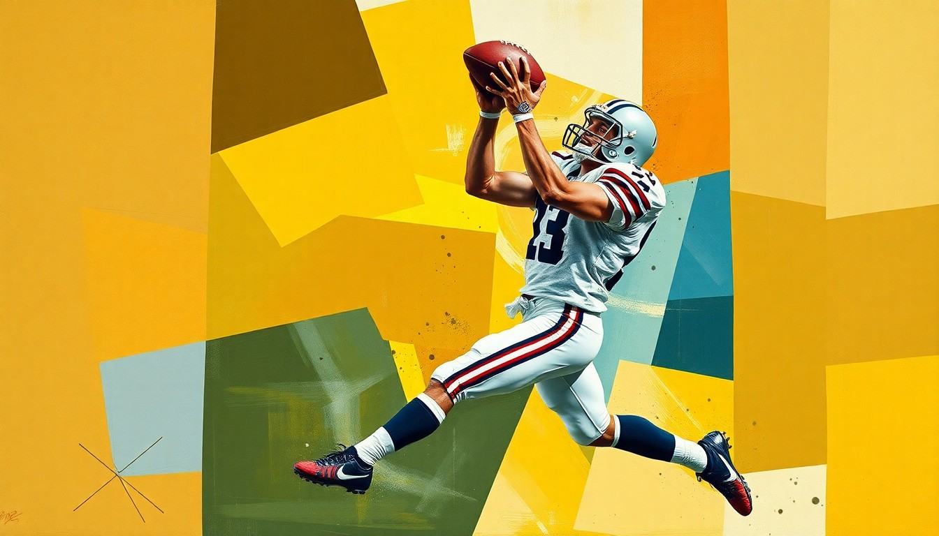 A fragmented, geometric painting depicting a football player in mid-catch, with sharp planes of color and form representing the dynamic action of the play.