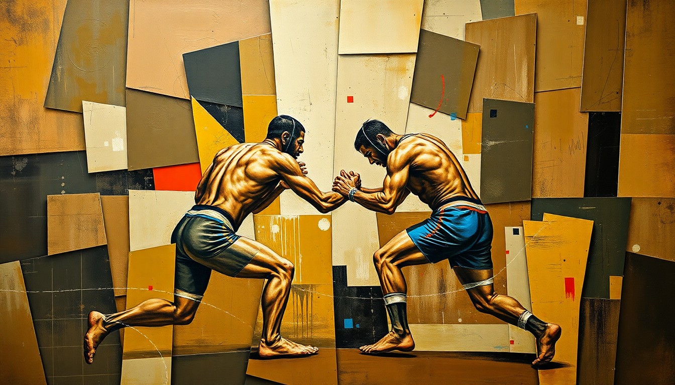 A fragmented, cubist-style painting depicting two wrestlers in mid-action, their bodies and limbs broken down into sharp, angular geometric shapes in muted earth tones with flashes of bright color.