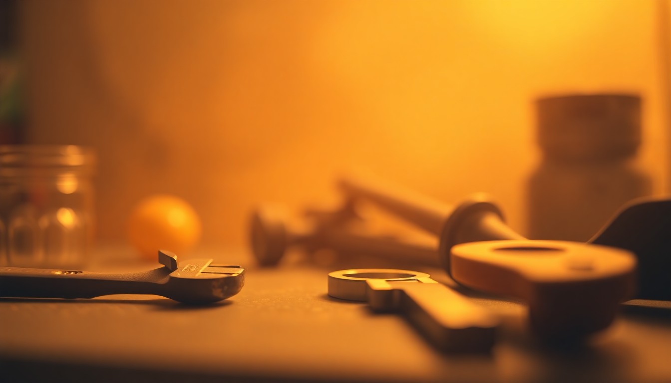 A softly focused, abstract photograph of plumbing tools in a warm, golden-toned light, conveying the comforting presence of a local plumber's care for an Inglewood home.