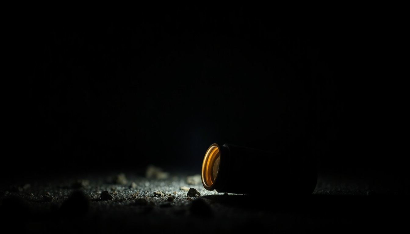 An extreme close-up photograph of a spent shell casing on the ground, conceptually illustrating the aftermath of a shooting incident.