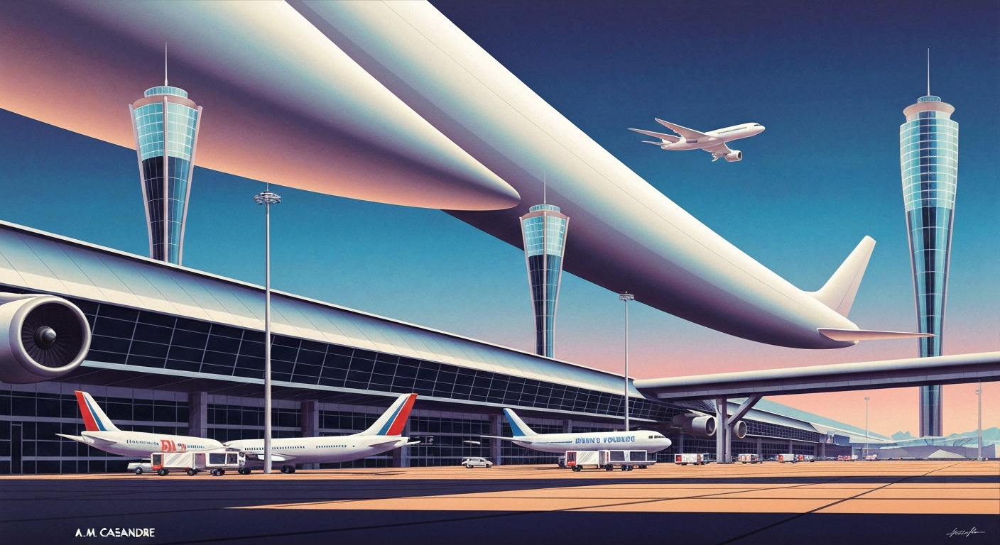A bold, geometric illustration depicting the towering scale of an airport terminal with a plane in the foreground, conveying the tension and drama of the near-miss incident without any literal depiction of vehicles or people.