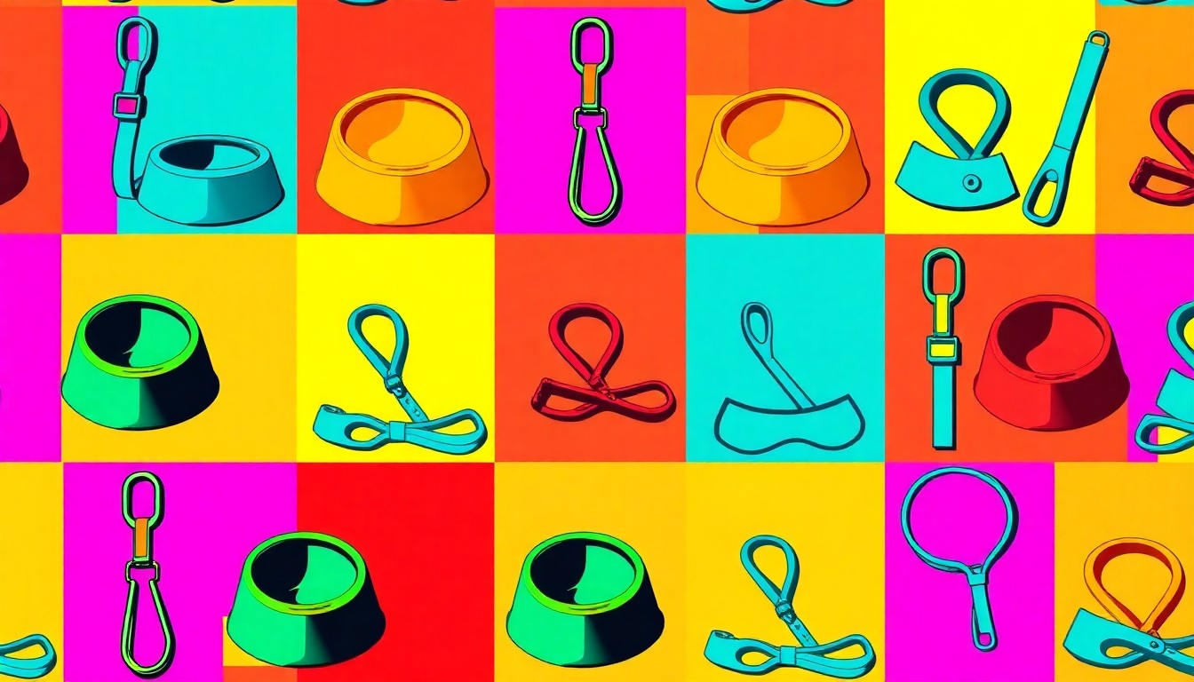 A repeating grid of brightly colored, high-contrast silkscreen images of a dog bowl, leash, and collar, conceptually representing the everyday objects and tools used in animal shelters.