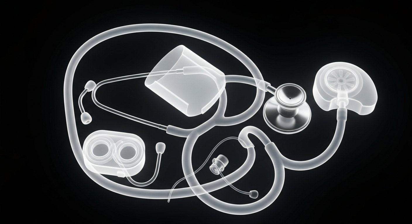 A translucent, ghostly X-ray photograph revealing the internal structure of a stethoscope and other medical equipment, conceptually representing the clinical care provided through the World Trade Center Health Program.