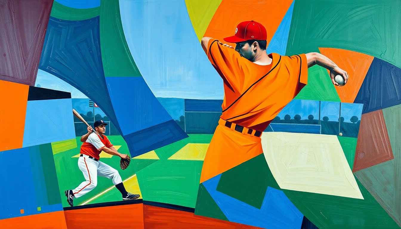A fragmented, geometric painting depicting the motion and energy of a baseball pitcher, with sharp planes of color representing the key moments and decisions that shaped the Tigers' future.