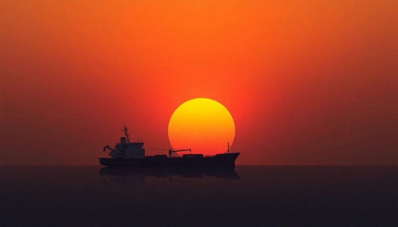 An oil tanker ship silhouetted against a warm, golden sunset sky, reflecting in the calm waters of the Strait of Hormuz, conveying a sense of quiet contemplation and the importance of maritime security in this critical global trade route.